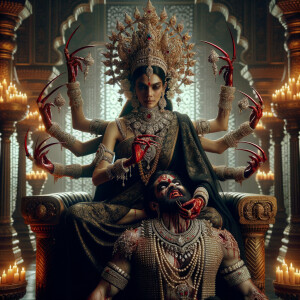 portrait of intense looking, four-armed indian goddess sitting...