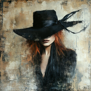 Artistic portrait of a woman wearing a black cowboy hat with a b...
