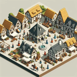 An isometric depiction of a bustling medieval village, with multiple thatched-roof houses arranged along a curved cobblestone street. The village square features a central fountain, and townsfolk in simple clothing are gathered around market stalls selling bread, cloth, and pottery. Nearby, a blacksmith works at a forge while a horse and cart wait by the stable.