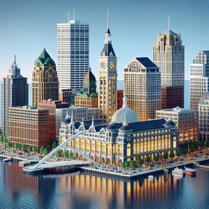 Generate an image showcasing downtown Milwaukee, Wisconsin, seen...