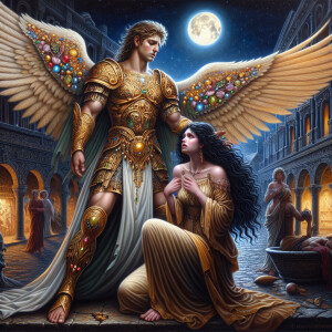 Create an oil painting image featuring a male angel and a grievi...