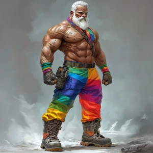 Create an image of a muscular bodybuilder with gray hair and a w...