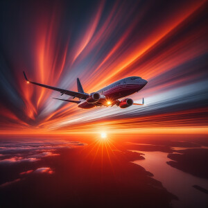 Airplane flying into a sunset