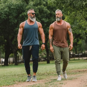 Two bodybuilder muscle, bearded, men walking in the park with jo...