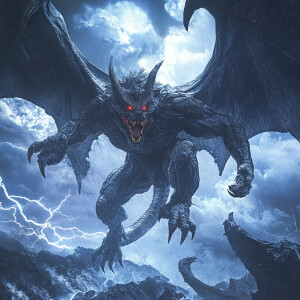 A winged gargoyle with stone skin and glowing red eyes engaged i...