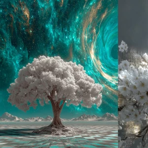 White flowering tree. music notes, glitch, oozing cosmic oily li...