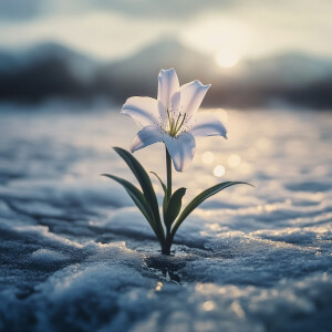 A single white lily growing out of frozen ground, its delicate p...