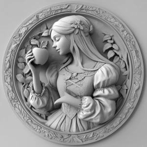 Evil Snow white holding an Apple, grayscale 3d bas relief, round...