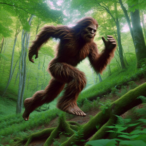 Create an image of a humanoid Sasquatch, densely furred, dashing...