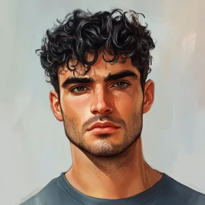 Well done handsome man with black curly hair, short hair, thick...