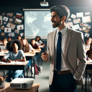 Make an image in a well decorated classroom with secondary schoo...