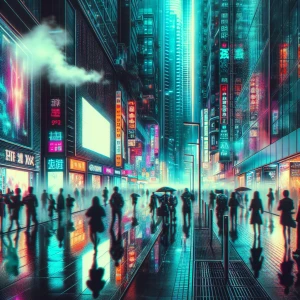 A bustling urban street lined with glowing billboards and reflective storefronts, with faint steam rising from sewer grates and pedestrians dressed in sleek, modern clothing