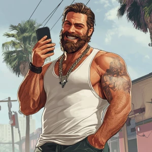 White muscular thin man with beard, big chin, smile and cheekbon...