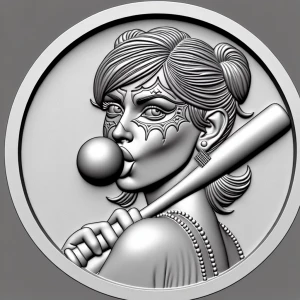 Grayscale 3d bas relief coin of harley quinn blowing a bubble an...