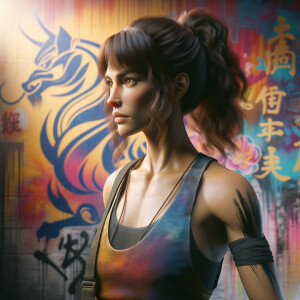 Athletic Thin skinny Attractive, Asian teenage girl, long brown hair and bangs, wearing tight skinny jeans and a halter top paint marks on her clothing, heroic pose Asian graffiti background, side view