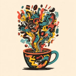 overflowing coffee cup with chaotic swirling steam transforming...