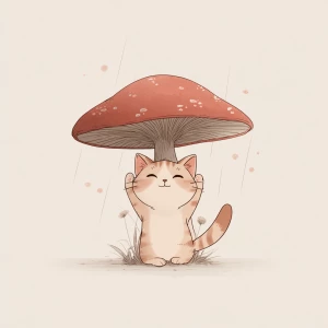 Kawaii style cat stretching under mushroom, soft color palette,...