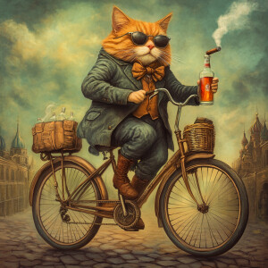 Russian cat riding a bike with a cigar drinking vodka