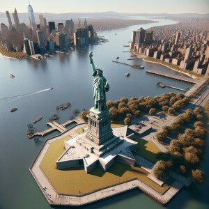4k quality, drone over the Statue of Liberty , in the 1960s, day...
