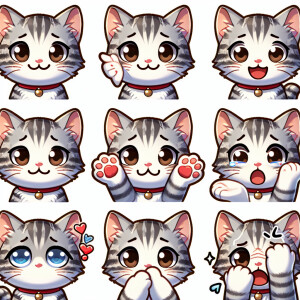 Create a sticker pack for me featuring a cute gray-and-white kit...
