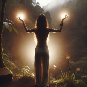 Девушка стоит с широко поднятыми руками вверх. С широко расставл...