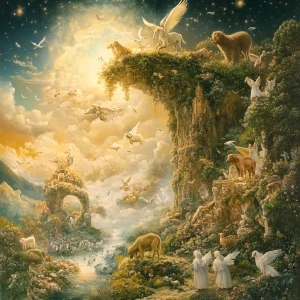 Design an image of a serene heavenly landscape where various ani...
