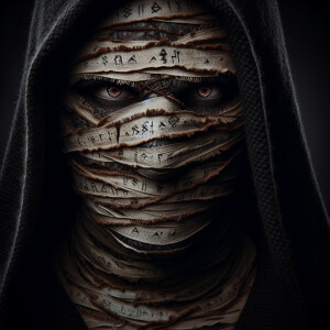Create a hyperrealistic and cinematic close-up image of a mummy-...