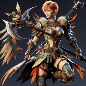 A beautiful huntress from the “Monster Hunter” series with tan s...