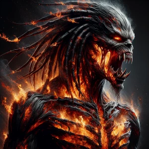 Double exposure horror fire entity, in the style of Yautja's (Hu...
