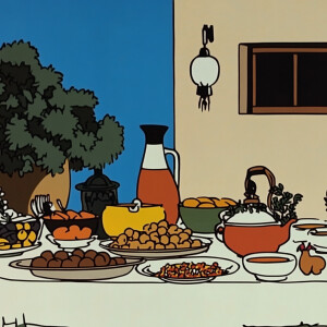 Animation, close-up of Arabic food on the home table --sref 1742...