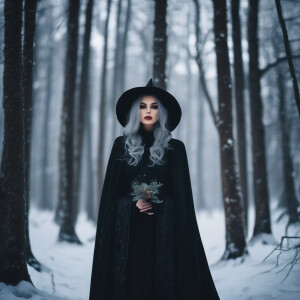 Beautiful Gothic witch in the middle of snowy forest