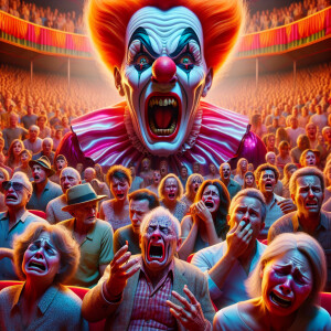 A very scary clown scares people in the circus to tears