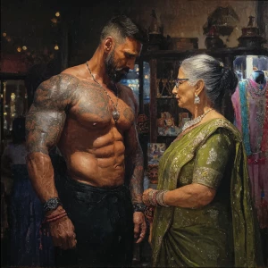 Hyperrealism,sharp lifelike painting.a muscular beefy tattoed gu...