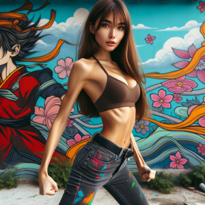 Very thin Athletic Thin skinny Attractive, Asian teenage girl, long brown hair and bangs, wearing tight skinny jeans and a halter top paint marks on her clothing, heroic sideways pose Asian graffiti background