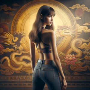 Athletic Thin skinny Attractive, Asian teenage girl, long brown hair and bangs, wearing tight skinny jeans and a halter top paint marks on her clothing, heroic pose Asian graffiti background, backside view