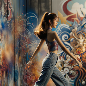 Athletic Thin skinny Attractive, Asian teenage girl, long brown hair and bangs, wearing tight skinny jeans and a halter top paint marks on her clothing, heroic pose Asian graffiti background, backside view