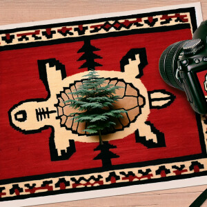 Design a American Indian rug with a turtle that has a cedar tree...