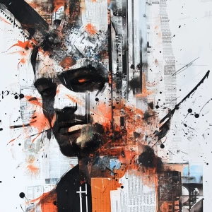 Dadaist typographic collage with newspapers, ink splashes and ab...