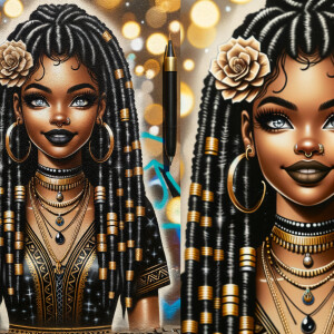 Street art style of a beautiful African American slim thick tan Indian woman dressed in black and gold dress, long black silky dreadlocks with a flower in her hair, sandals, Indian jewelry, full lips, long lashes, beautiful nails, pretty smile,hoop earrings multiple necklaces, blue siren eyes, nude lipstick, electrostatic art, color contrast high definition bokeh background