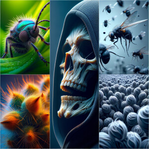 Closeup portrait of the grim reaper looking up to heaven, ultra-...