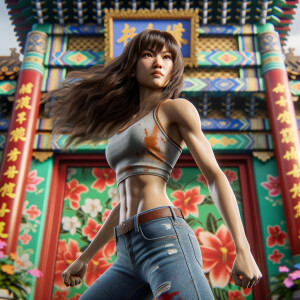 Athletic Thin skinny Attractive, Asian teenage girl, long brown hair and bangs, wearing tight skinny jeans and a halter top paint marks on her clothing, heroic pose Asian graffiti background, backside view