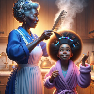 Create a realistic 3-D image of an african-American grandmother wearing a blue house dress and a white apron . She is in the kitchen with her african-American granddaughter. Her granddaughter is wearing a pink bath robe. The grandmother has a hot comb in her hand and she is straightening her granddaughters hair. One side of her granddaughters hair is in  a Afro the other straight 
There is smoke coming from the hot comb
The granddaughter is holding her ear and making a funny face