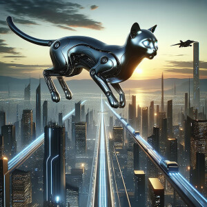 Imagine a high-tech cat hovering gracefully in the sky, its slee...