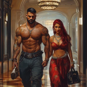 Fantasy art.A sweaty beefy man walking with his 54 year old kash...