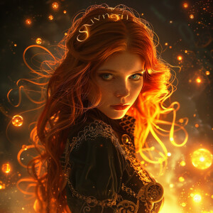 Prompt: steampunk Virgo, woman with long ginger hair, facing for...