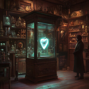 Generate a dusty, dimly-lit antique shop with shelves cluttered...