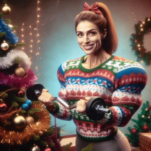 Caucasian brunette ponytail Woman weightlifter  in Christmas swe...