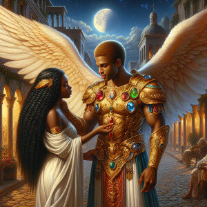 Create an oil painting image featuring a male angel and a grievi...