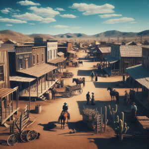 4k quality, drone over Old Western Town, in the 1800’s, daylight...