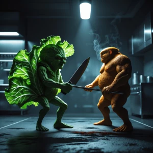 In a dimly lit kitchen arena, an anthropomorphic lettuce stands...